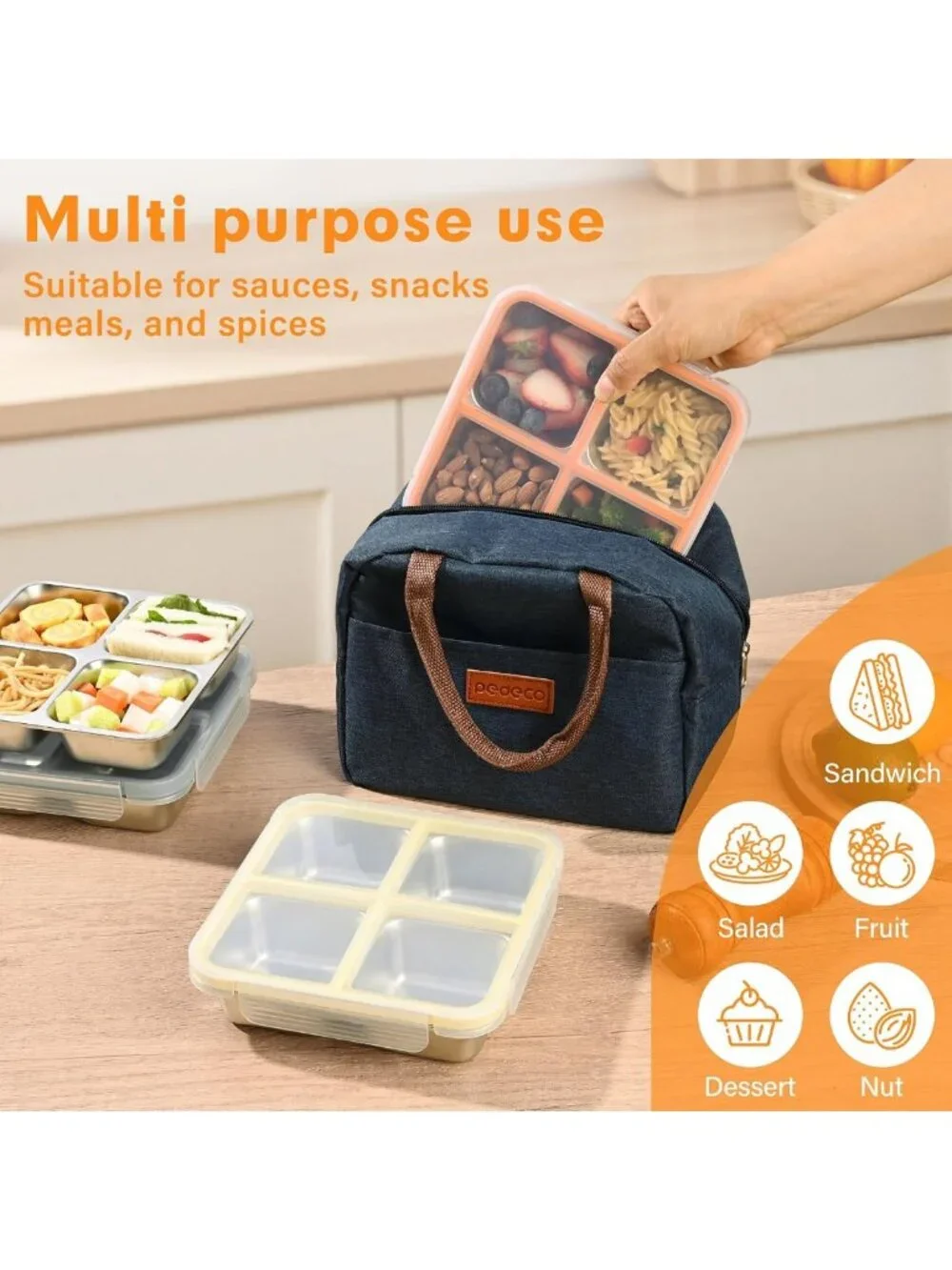 4 Pack Leakproof Stainless Steel Bento Snack Containers - Reusable Meal Prep
